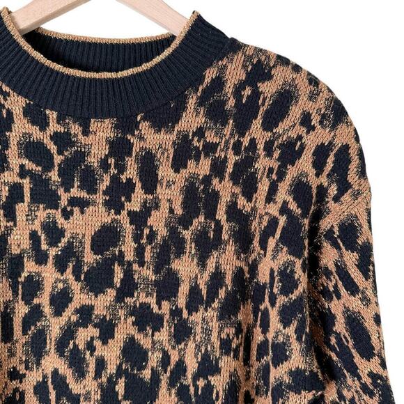 Vintage 80s Crewneck Leopard Pullover Knit Sweater Black Brown Metallic Gold, L - Picture 4 of 11